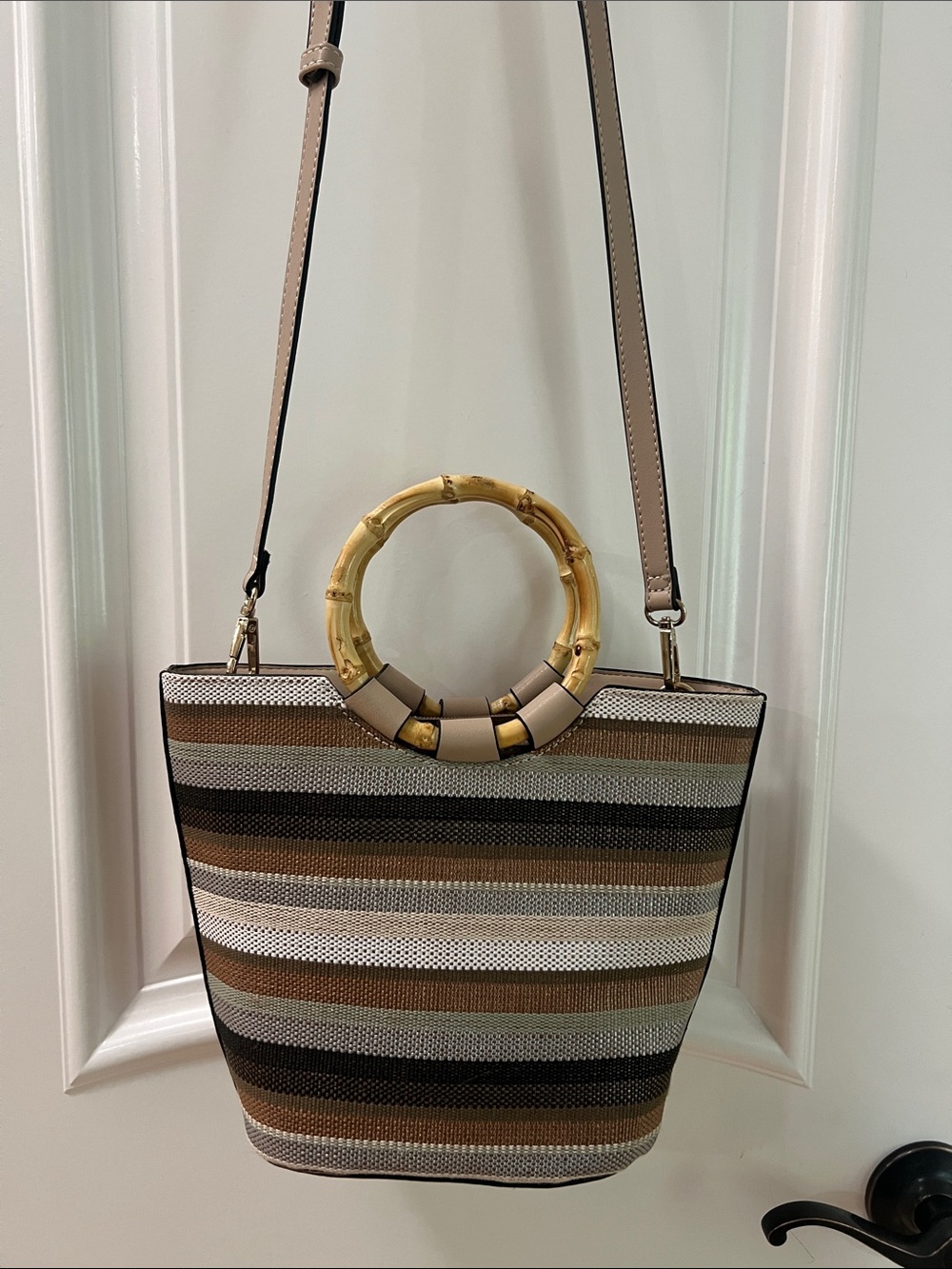 Striped Straw Tote with Bamboo Ring Handle - Brown